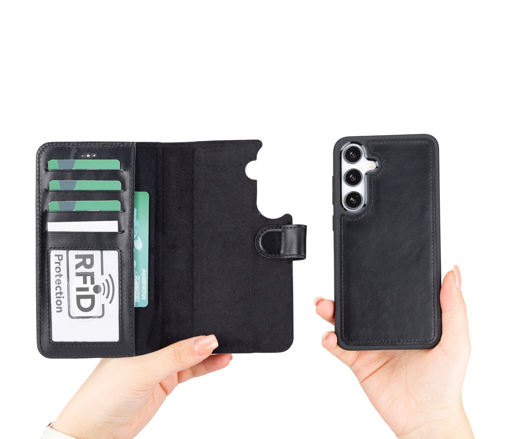Magische Samsung Galaxy S24-Serie, abnehmbare Echtleder-Brieftaschenhülle – MW