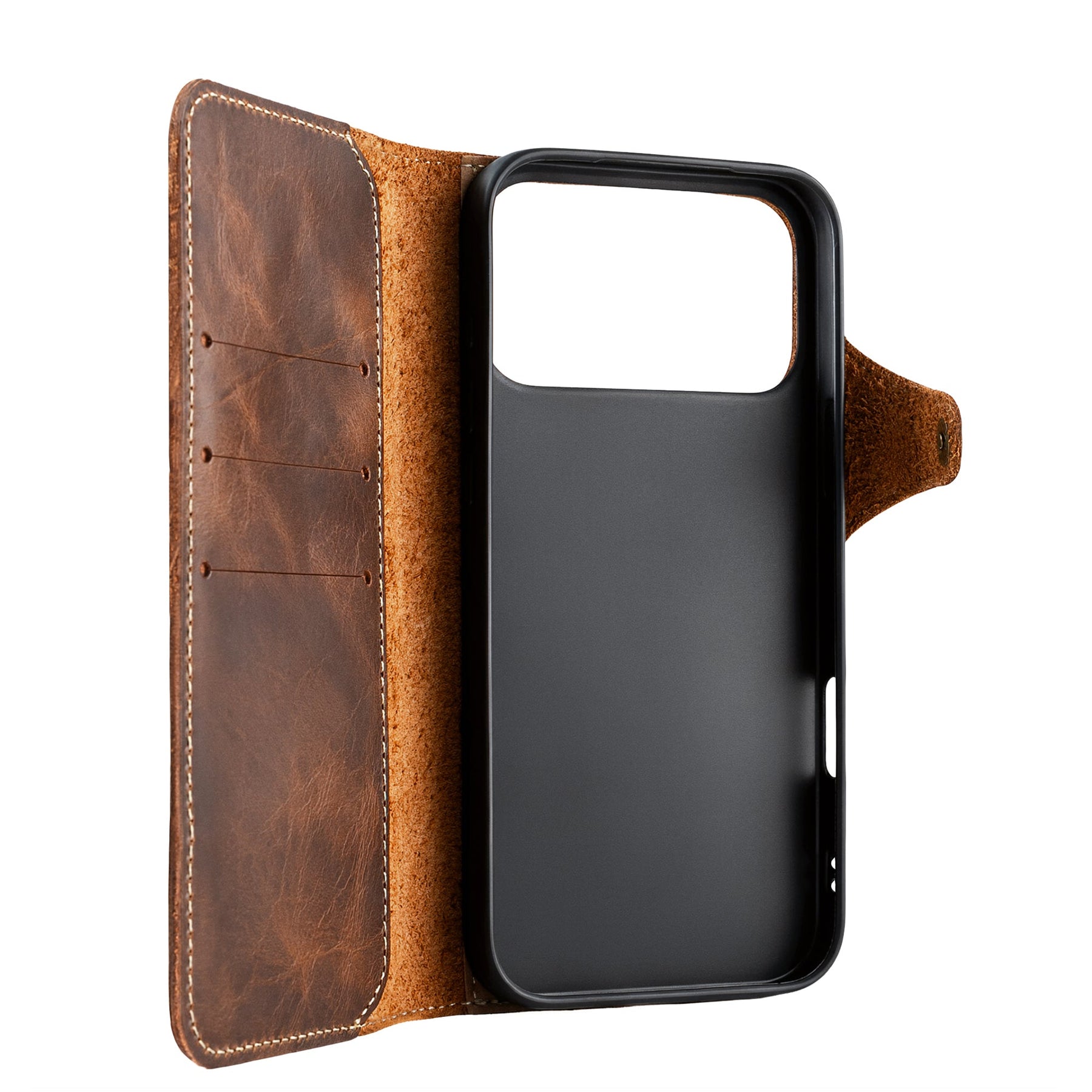 Detail van de kaartsleuf in een leren flipcase