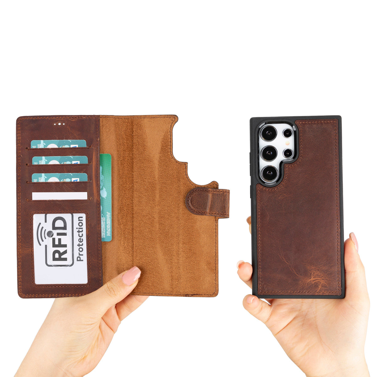Magische Samsung Galaxy S24-Serie, abnehmbare Echtleder-Brieftaschenhülle – MW