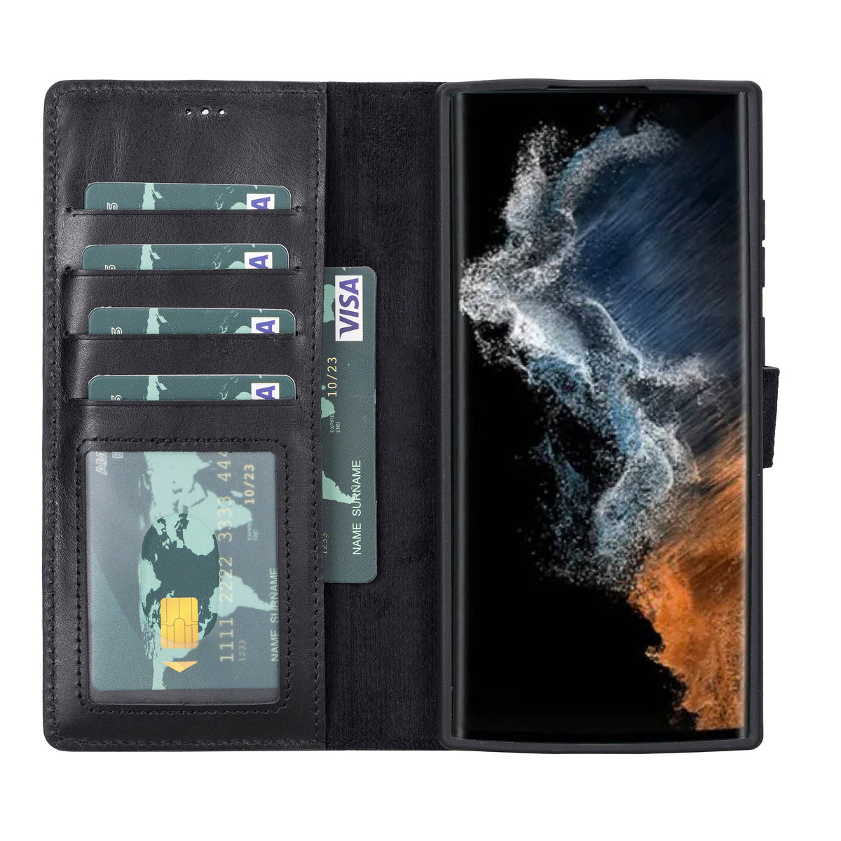Magische Samsung Galaxy S22-Serie, abnehmbare Echtleder-Brieftaschenhülle – MW