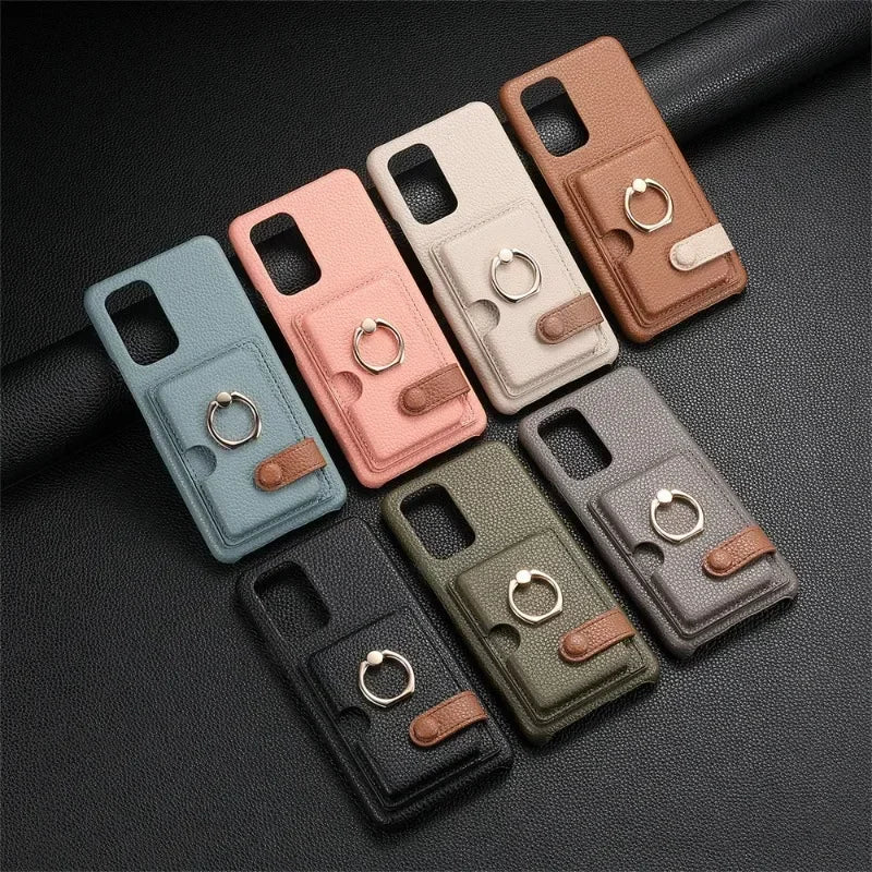 Lerenlook telefoonhoesje dat de smartphone beschermt en pasjes bij de hand houdt