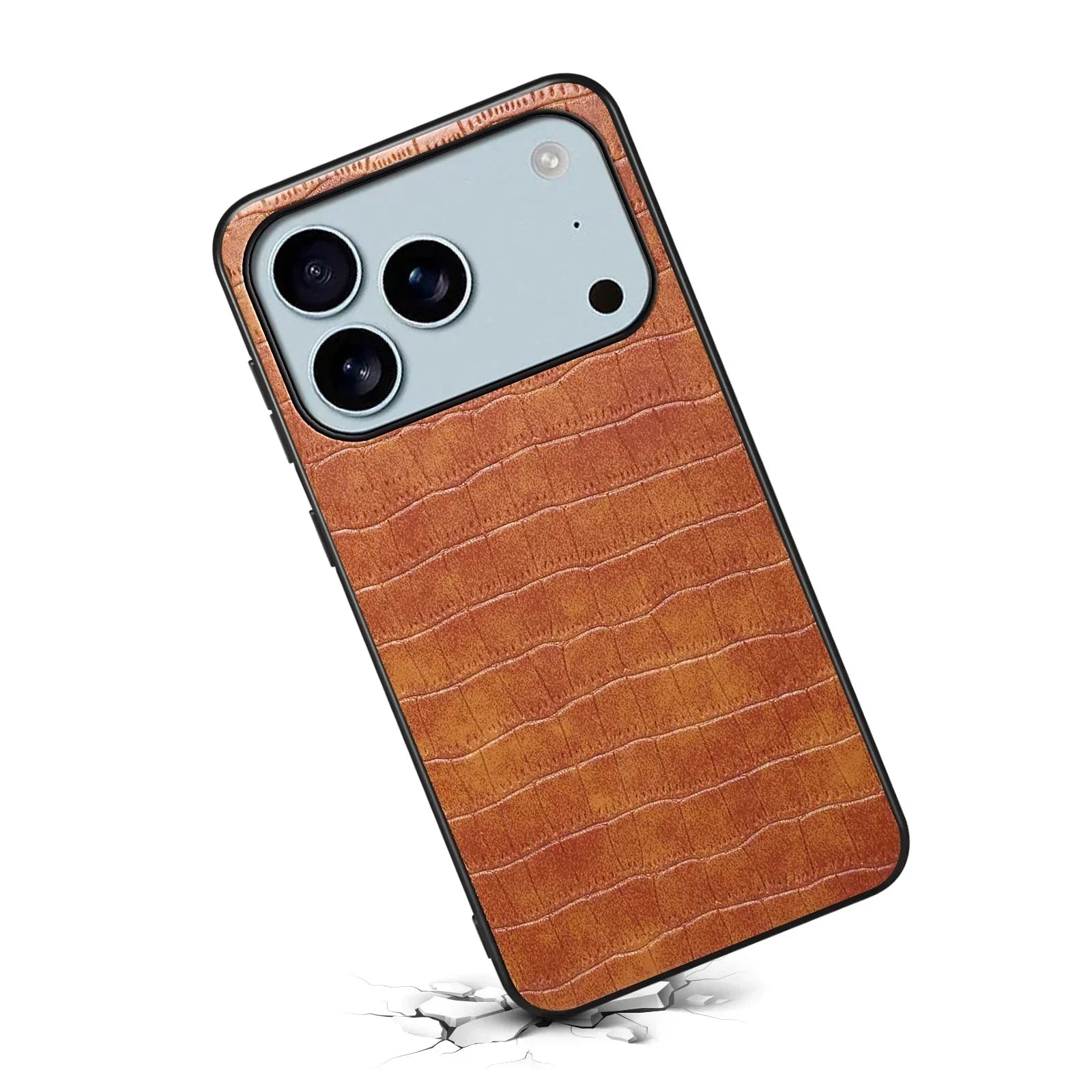 Voorzijde van een 3D telefoonhoesje met voelbare leerlooktextuur