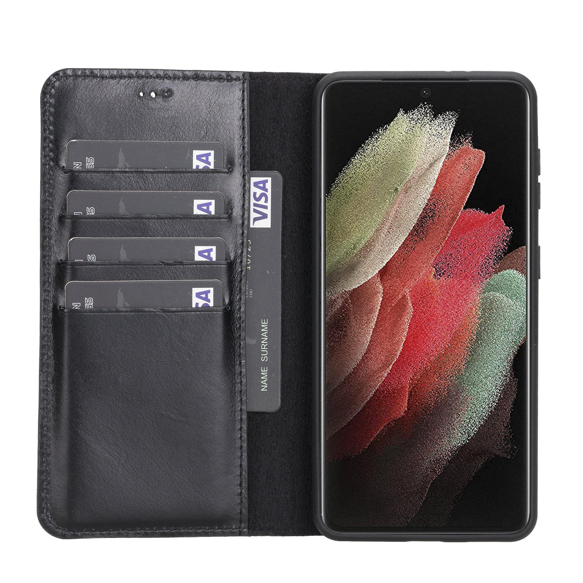 Magische Samsung Galaxy S21-Serie, abnehmbare Echtleder-Brieftaschenhülle – MW